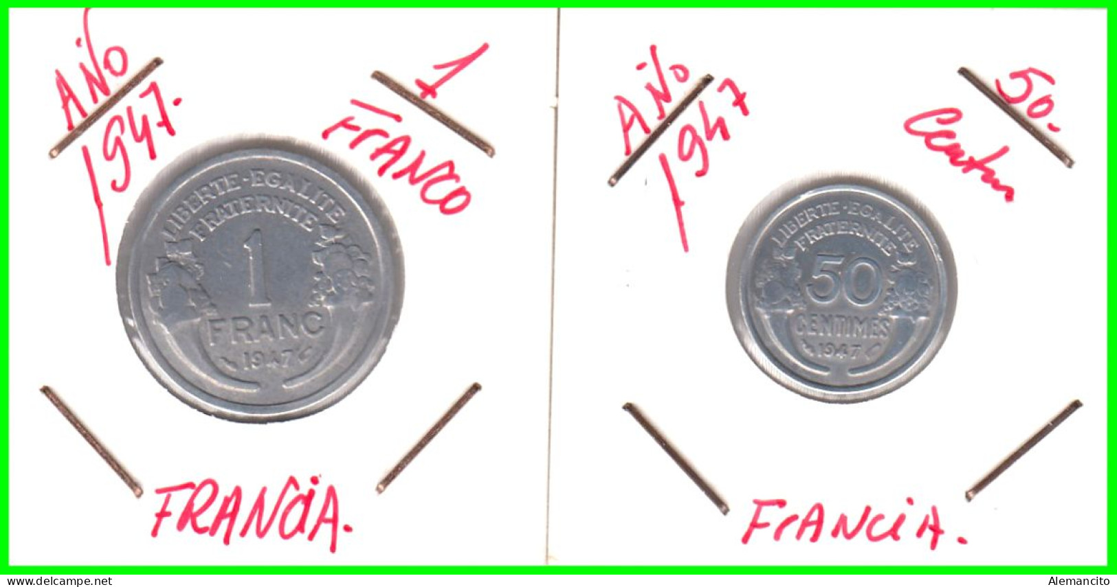 FRANCIA MONEDAS - 50 CENTIMOS Y DE 1 FRANCO DEL AÑO 1947 - COMPOSICIÓN ALUMINIO - 1 Franc