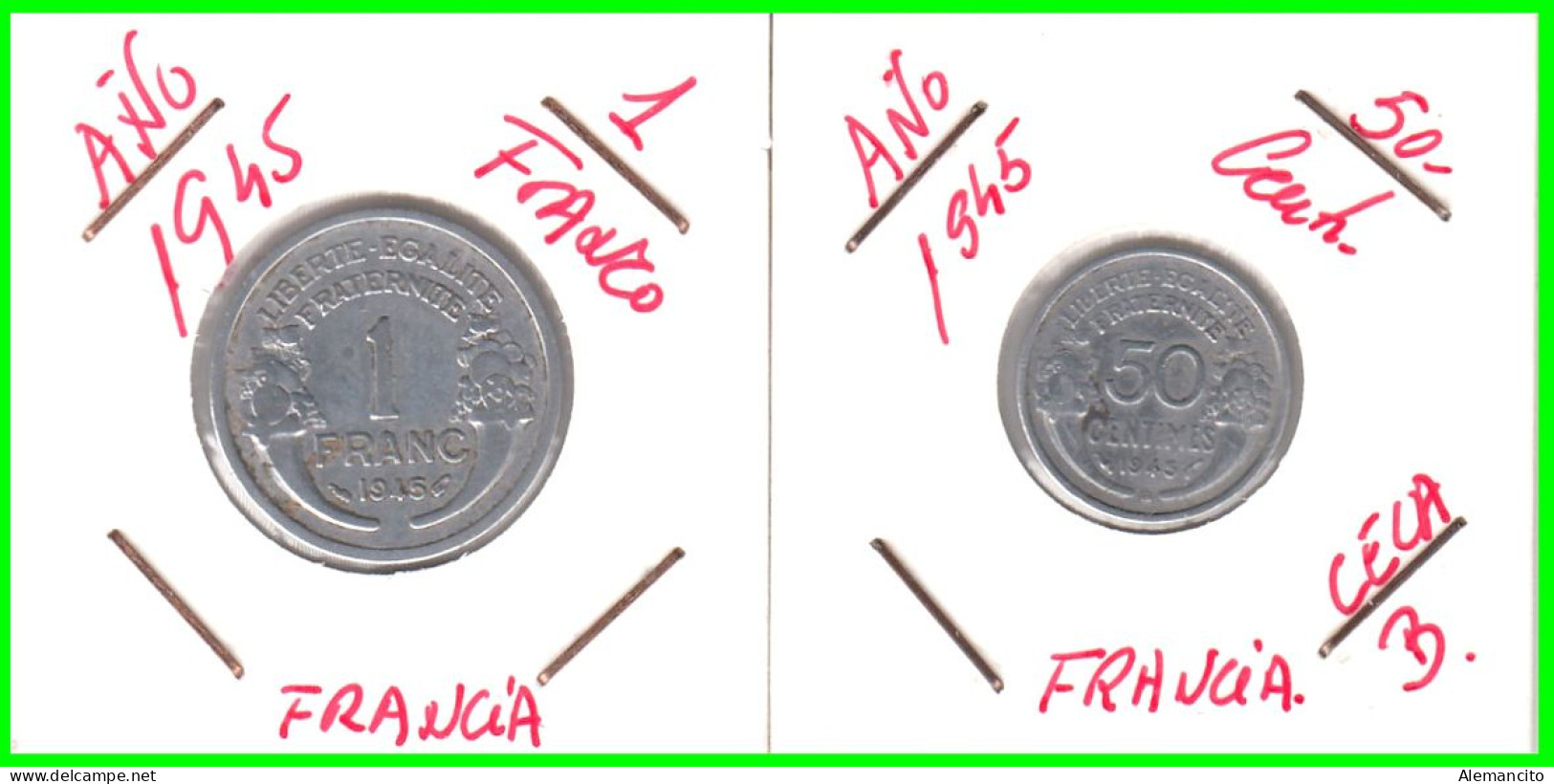 FRANCIA MONEDAS - 50 CENTIMOS Y DE 1 FRANCO DEL AÑO 1945 - COMPOSICIÓN ALUMINIO - 1 Franc