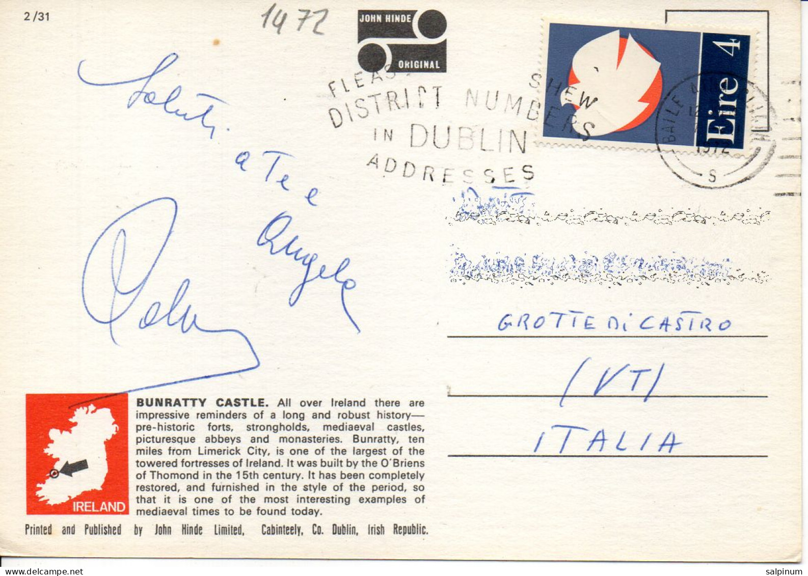 Philatelic Postcard With Stamps Sent From REPUBLIC OF IRELAND To ITALY - Storia Postale