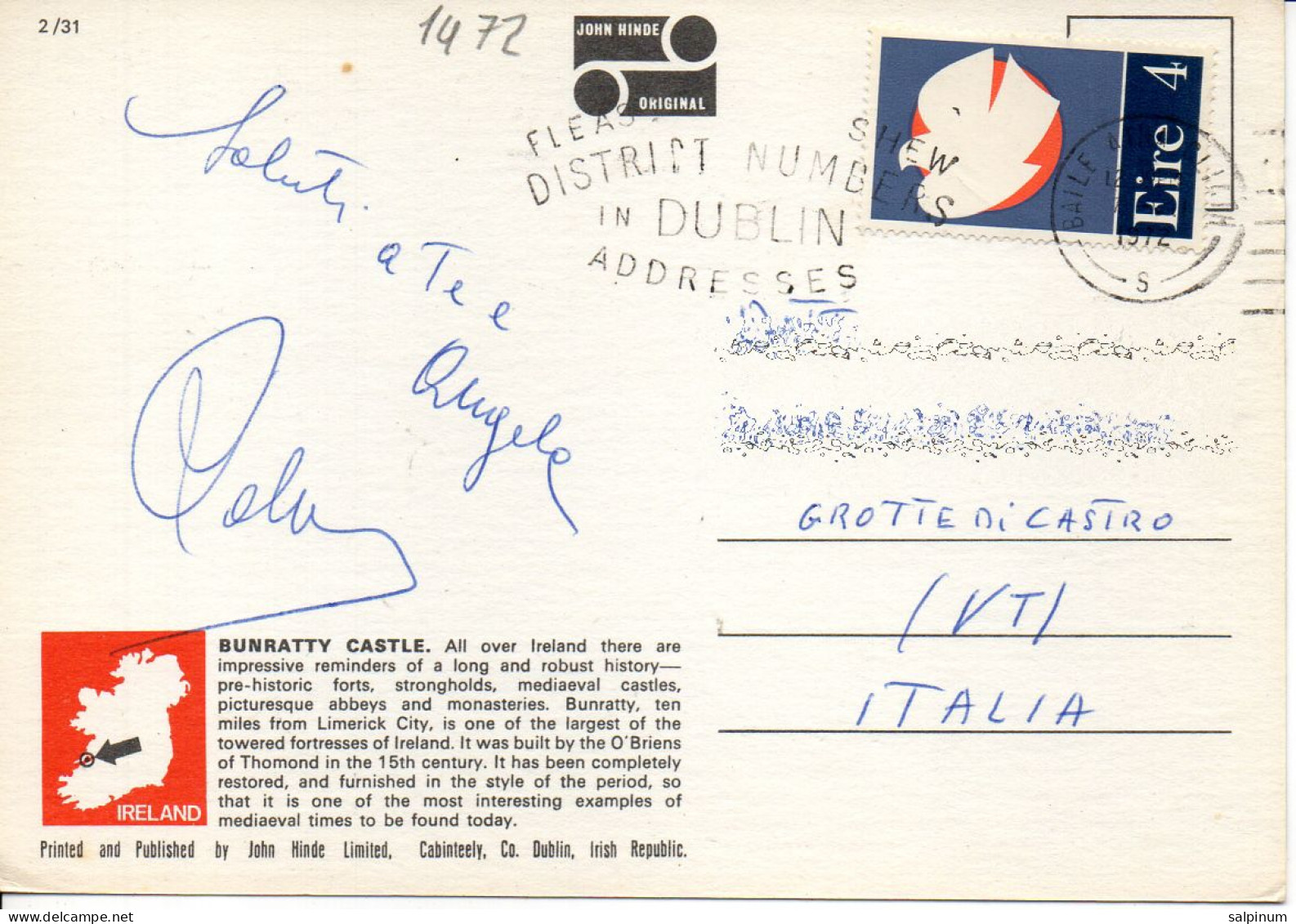 Philatelic Postcard With Stamps Sent From REPUBLIC OF IRELAND To ITALY - Cartas & Documentos
