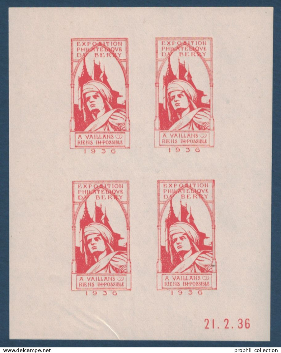 BLOC NON-DENTELÉ NEUF ** De 4 VIGNETTES EXPOSITION PHILATÉLIQUE DU BERRY DE 1936 A COEUR VAILLANT RIEN D'IMPOSSIBLE - Briefmarkenmessen