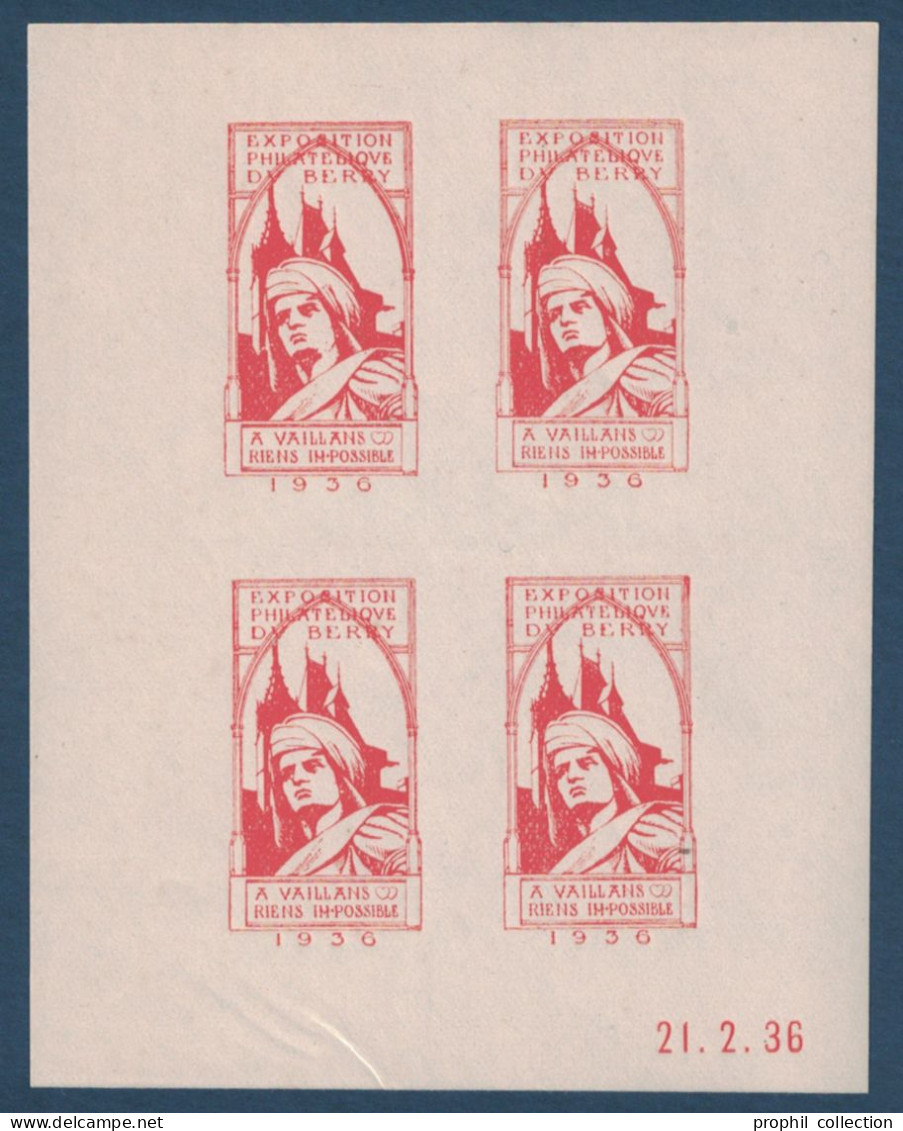 BLOC NON-DENTELÉ NEUF ** De 4 VIGNETTES EXPOSITION PHILATÉLIQUE DU BERRY DE 1936 A COEUR VAILLANT RIEN D'IMPOSSIBLE - Philatelic Fairs