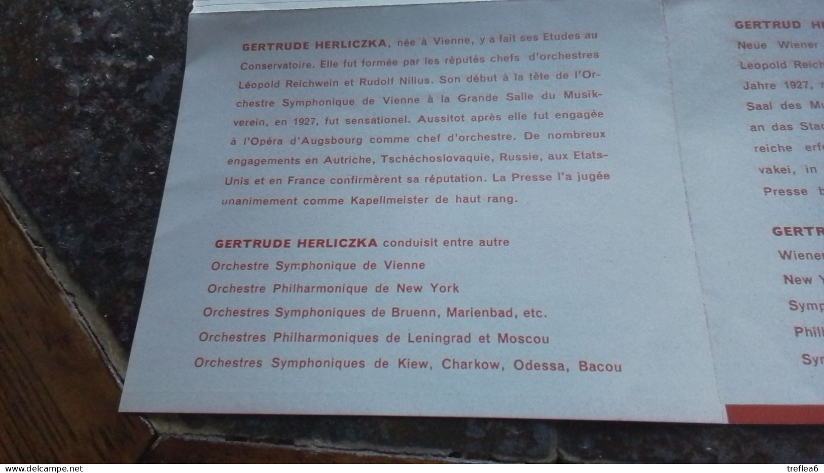 MUSIQUE - GERTRUD HERLICZKA  Femme Chef D’Orchestre - Saison !935-1936 - - Programmes