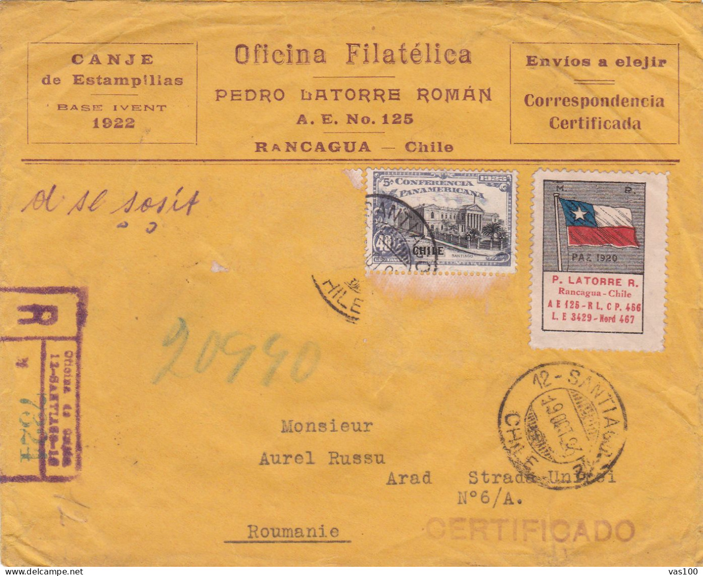 HISTORICAL DOCUMENTS STANS COVERS  1920 CHILE  TO ROMANIA - Cile