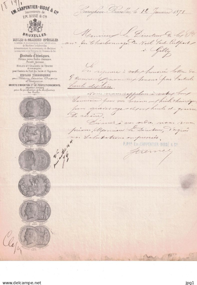 EM. CARPENTIER- BISSE BRUXELLES : Lettre Commerciale De 1878. Nombreuses Reproductions De Médailles D'exposition. - 1800 – 1899