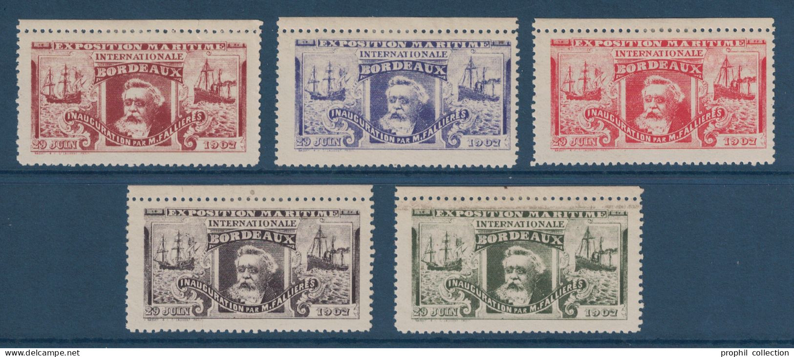 LOT SÉRIE De 5 VIGNETTES NEUVES * EXPOSITION MARITIME INTERNATIONALE DE BORDEAUX DE JUIN 1907 INAUGURATION FALLIÈRES - Briefmarkenmessen