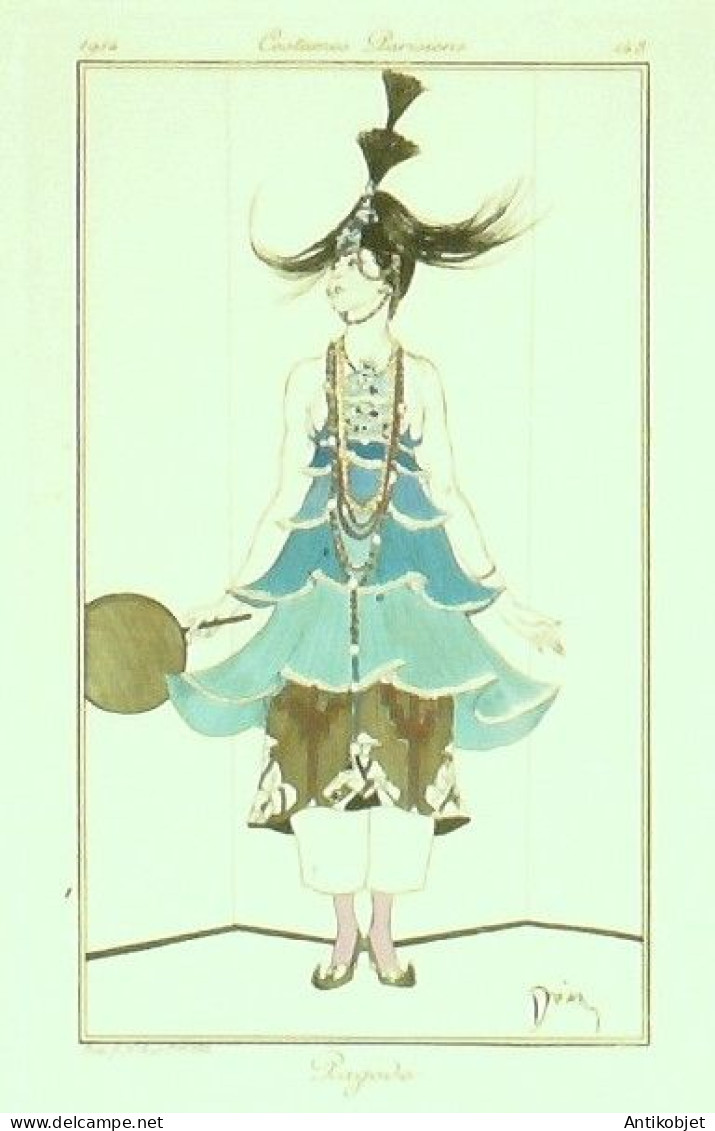 Gravure De Mode Costume Parisien 1914 Pl.148 Pagode Signée Drian - Radierungen