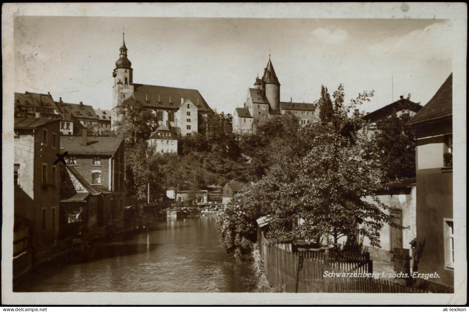 Schwarzenberg (Erzgebirge) Ortsansicht, Partie Am Fluss 1929  (Bahnpoststempel) - Schwarzenberg (Erzgeb.)