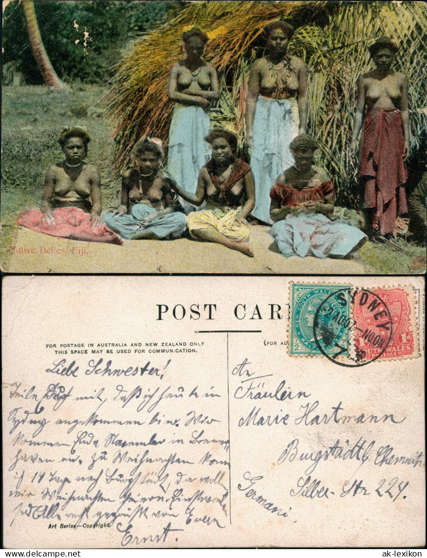 Fiji Fidschi Fidschi-Inseln Native Woman Nackt Nude 1907  Gel. Stempel Sidney - Fidschi