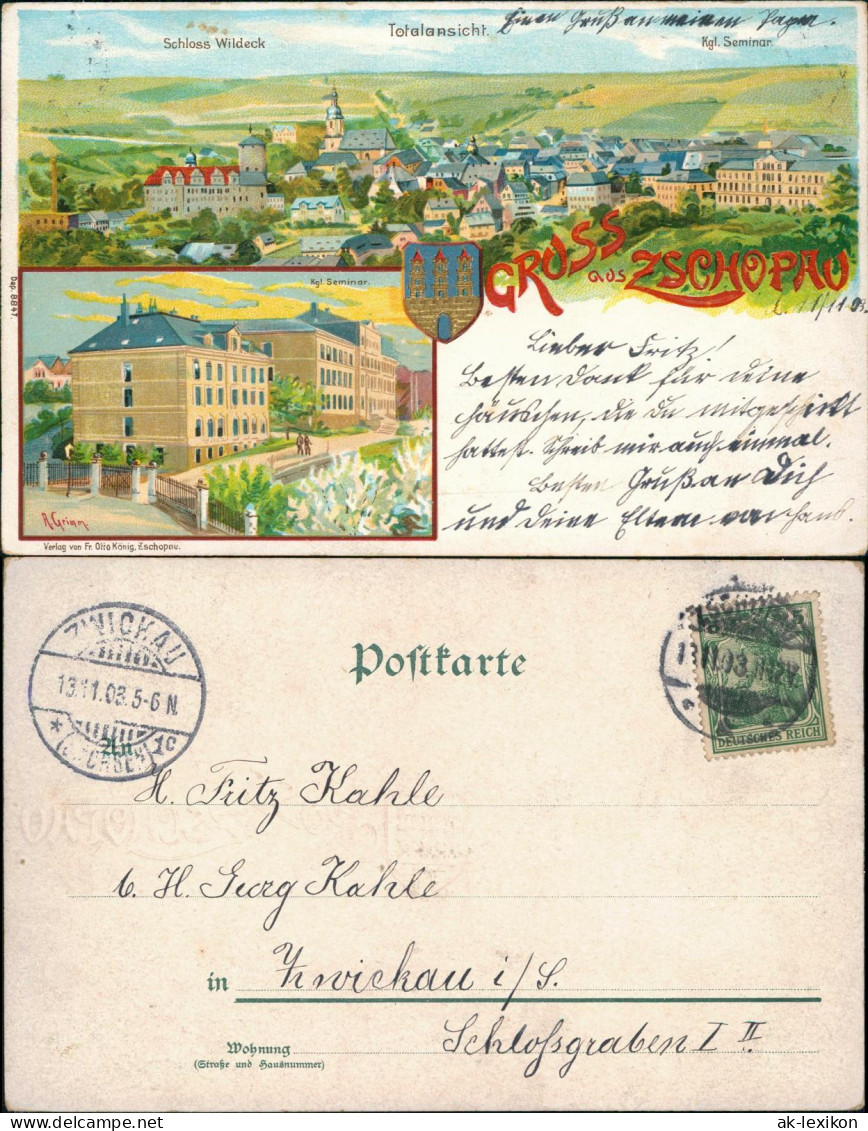 Ansichtskarte Zschopau 2 Bild Litho Prägekarte Stadt Seminar 1903 Prägekarte - Zschopau