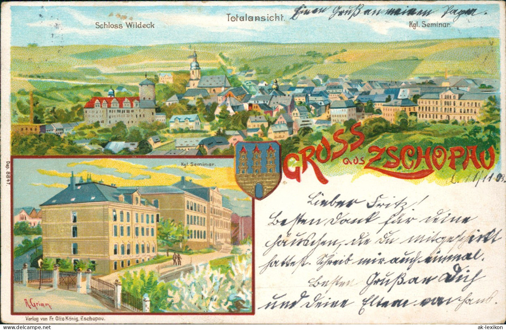 Ansichtskarte Zschopau 2 Bild Litho Prägekarte Stadt Seminar 1903 Prägekarte - Zschopau