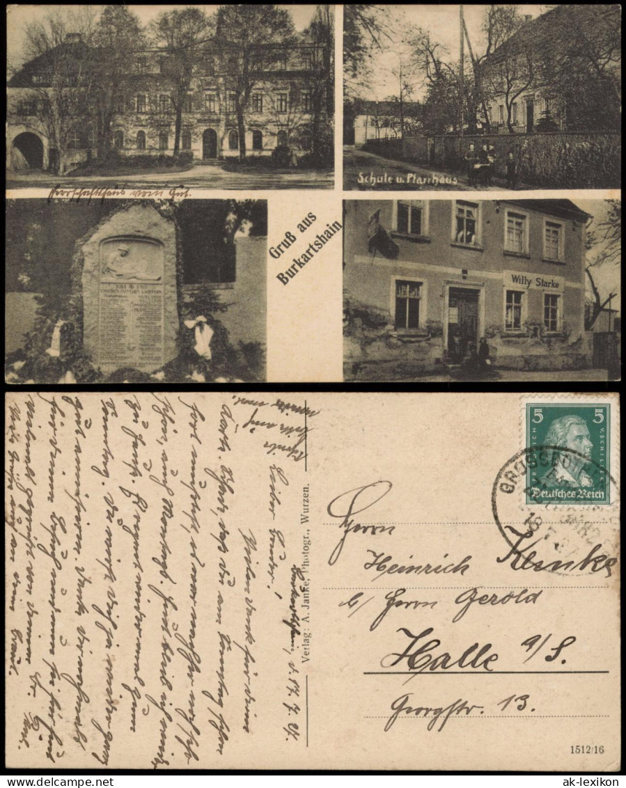 Ansichtskarte Burkartshain-Wurzen MB: Schule, Kriegerehrenmal, Gasthaus 1927 - Wurzen