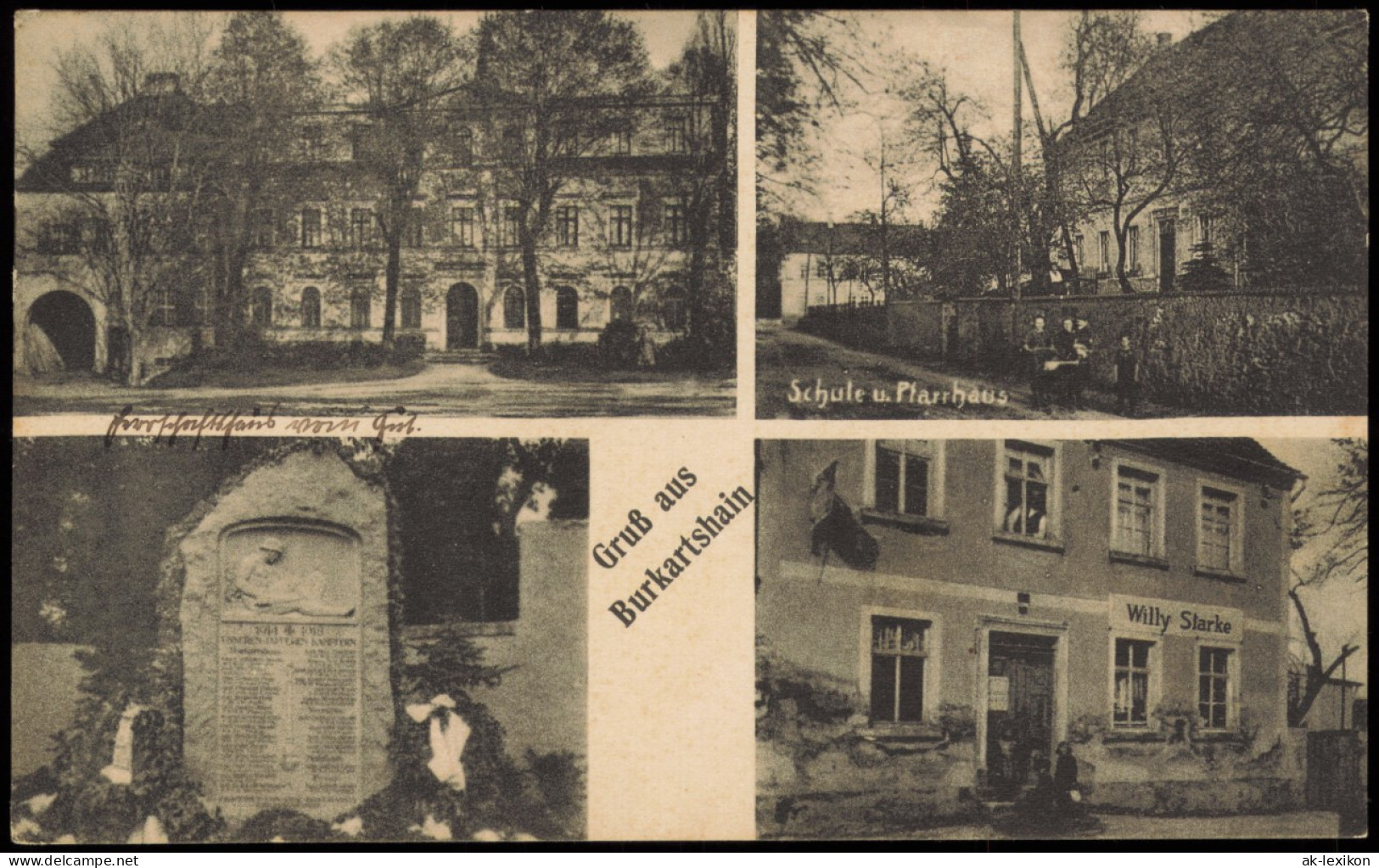 Ansichtskarte Burkartshain-Wurzen MB: Schule, Kriegerehrenmal, Gasthaus 1927 - Wurzen