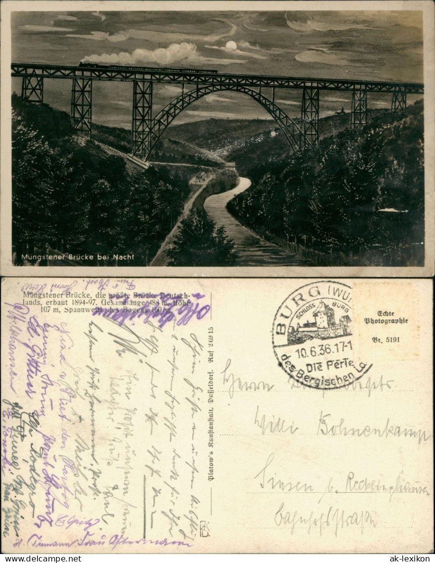 Ansichtskarte Remscheid Müngstener Brücke Mondschein Künstlerkarte 1936 - Remscheid
