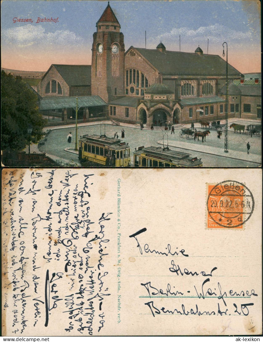 Ansichtskarte Gießen Bahnhof, Straßenbahn 1922 - Giessen