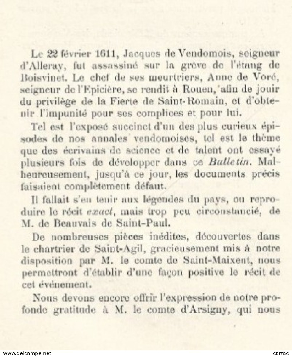 UNE VENDETTA PERCHERONNE EN 1611. (Vendômois).  1891. - Centre - Val De Loire