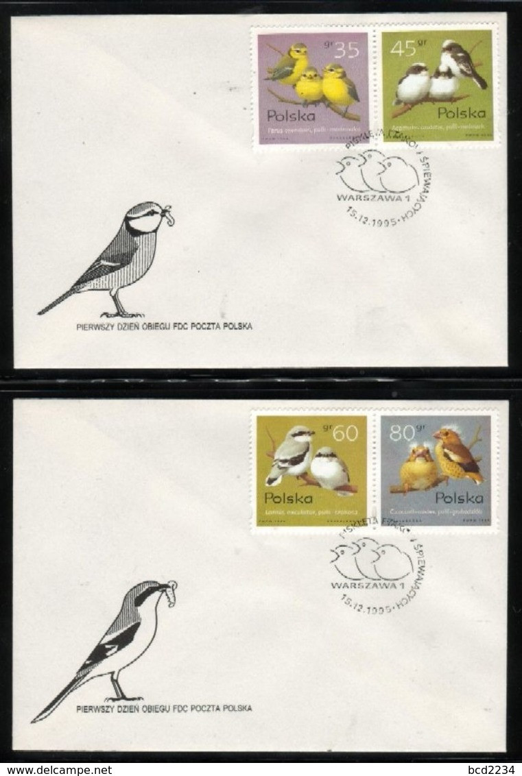 POLAND FDC 1995 SONG BIRDS CHICKS BLUE LONG TAILED TIT GREAT GREY SHRIKE HAWFINCH - FDC