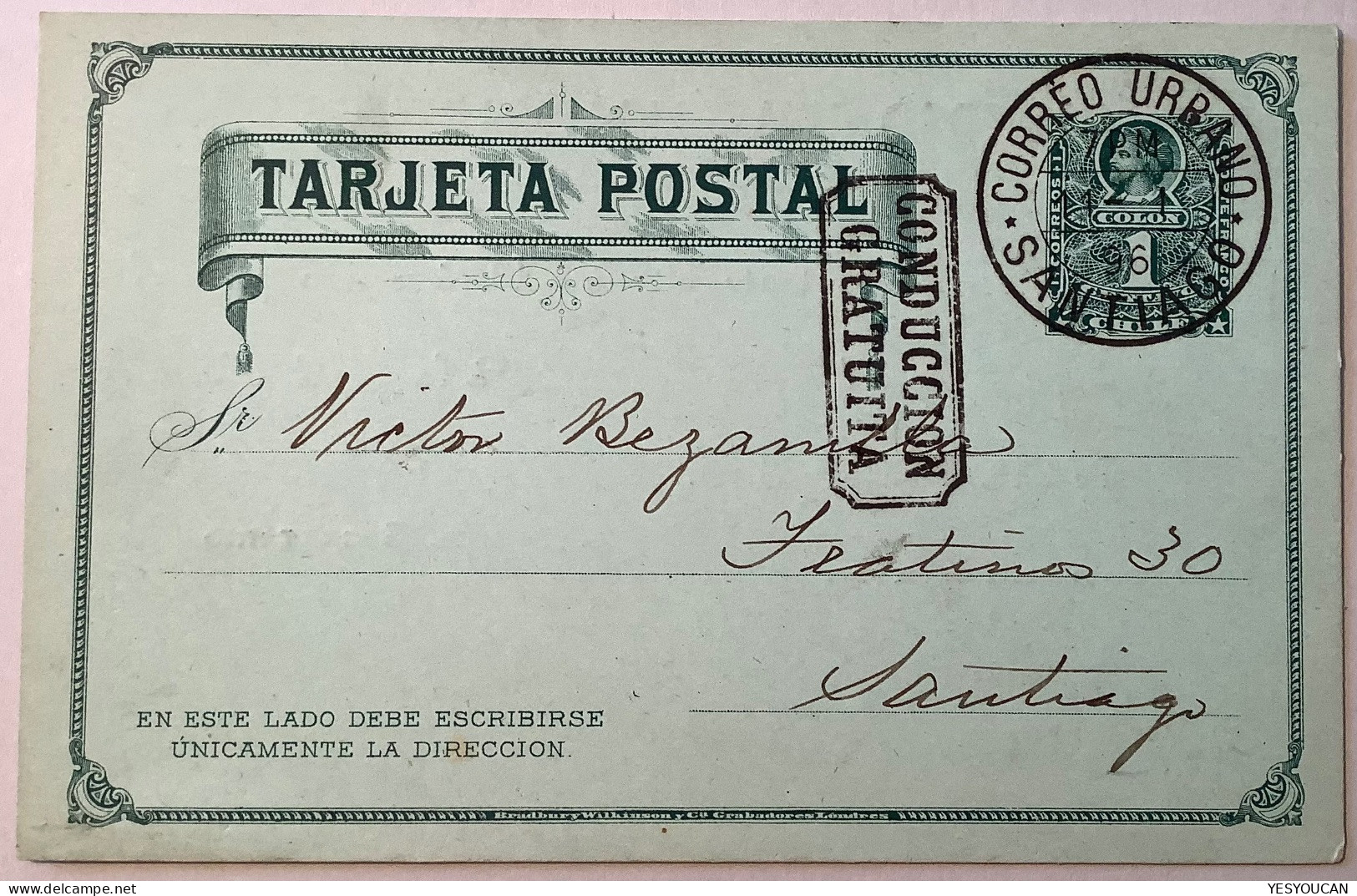 ADVERT: SOCIEDAD FILATELICA SANTIAGO Chile 1896 1c Postal Stationery (stamp Philatelic Club Society Briefmarken Verein - Chili