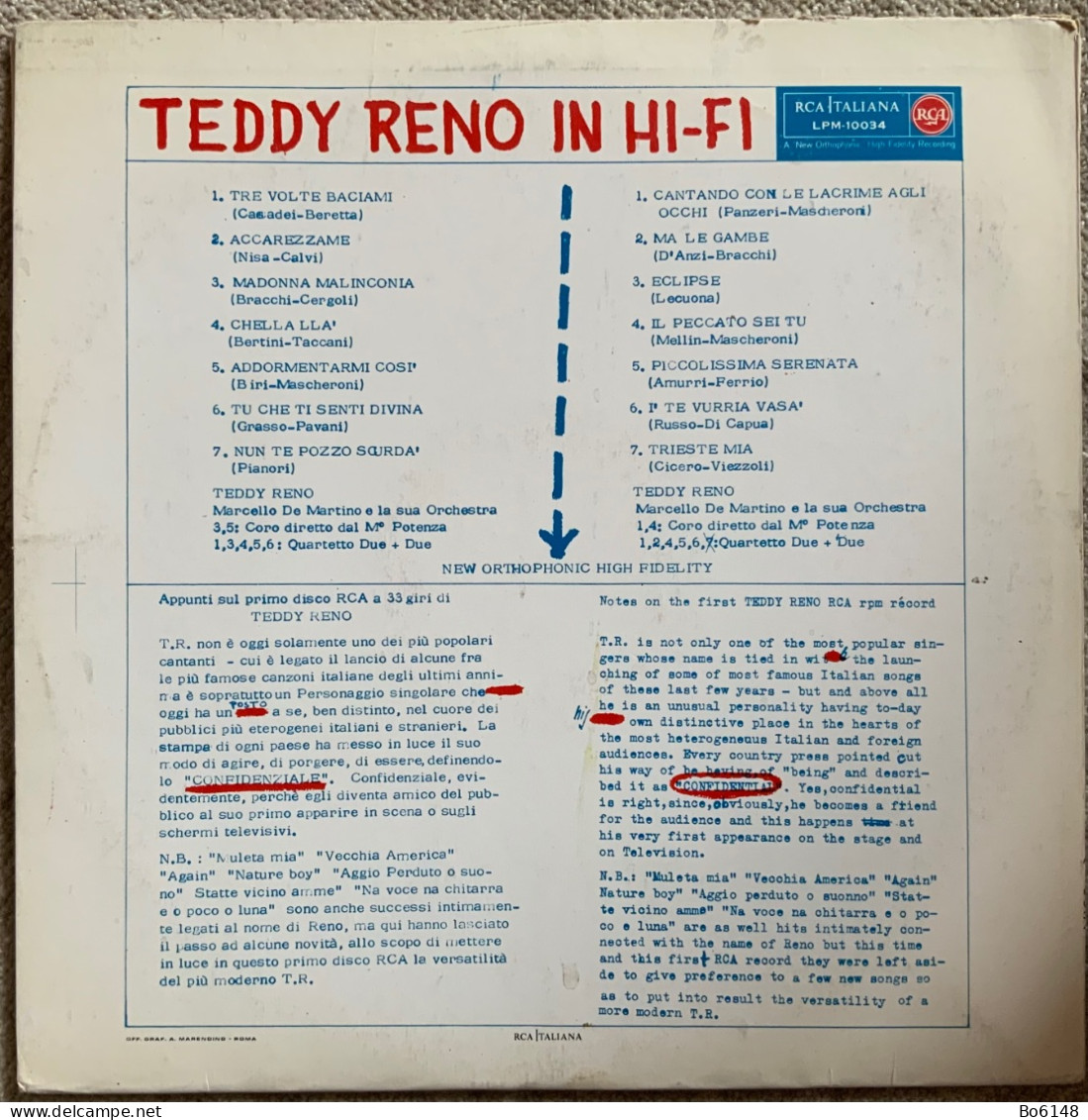 Disco 33 Giri Anni ‘50/60 : TEDDY RENO IN HI-FI , RCA Italiana - Otros - Canción Italiana