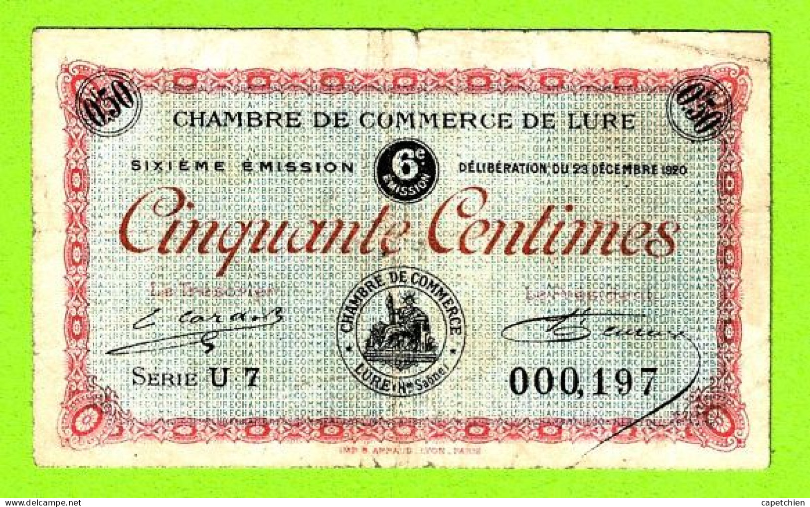 FRANCE / LURE / 50 CENTIMES / 29 DECEMBRE 1920 / N° 000197 / SERIE U7 / 6eme EMISSION - Cámara De Comercio