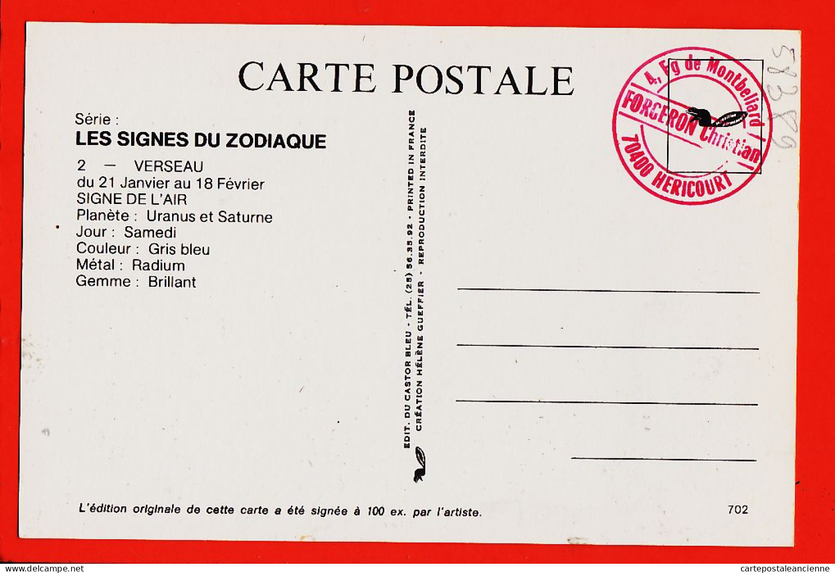 38387 / ⭐ ♥️ Tir 100ex- Signes ZODIAQUE N°2 Astrologique VERSEAU 21 Janvier-18 Février Signe AIR 1970s CASTOR BLEU - Astrología