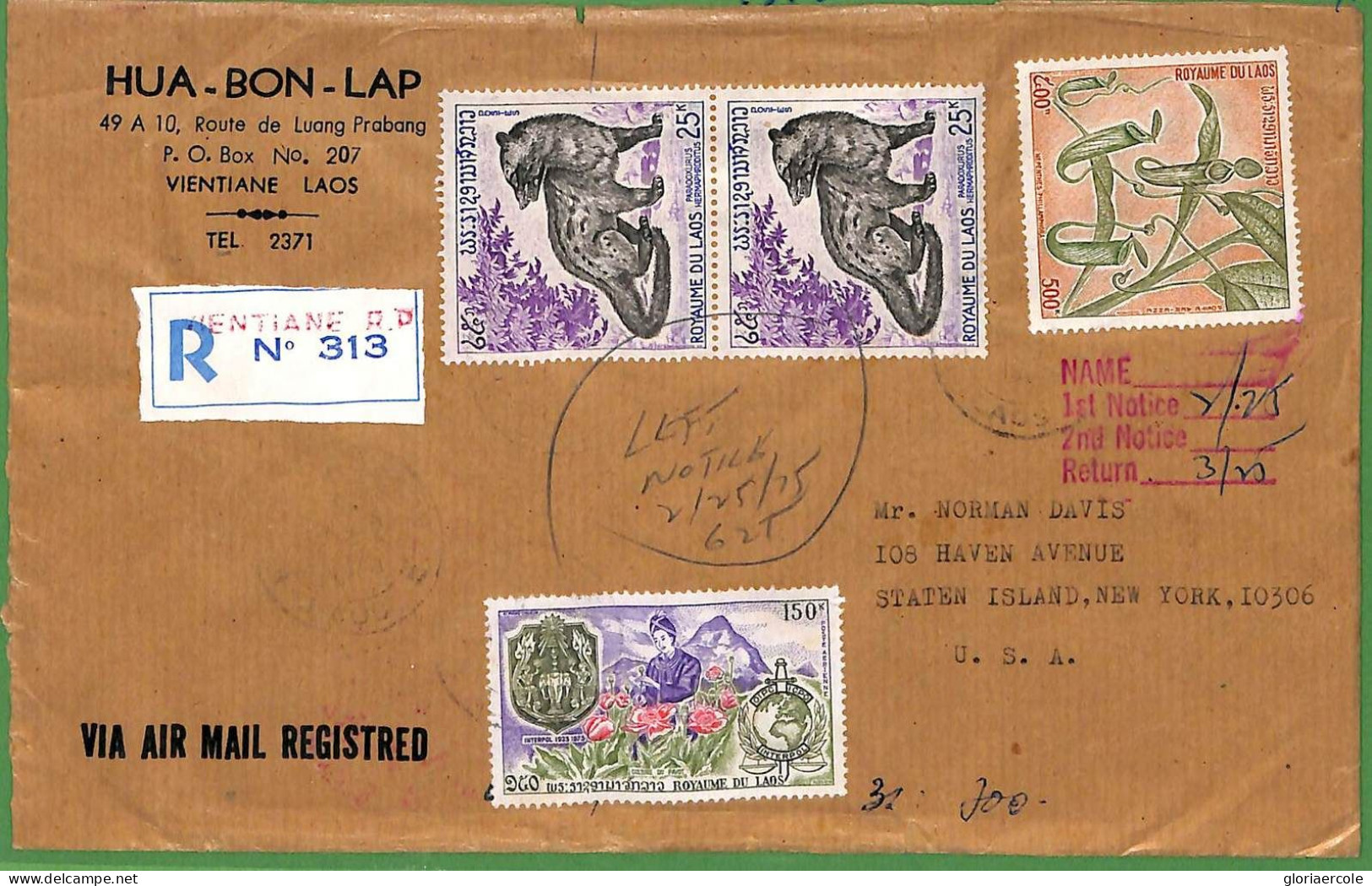 ZA1875 -  LAOS - Postal History - Registered AIRMAIL COVER To USA - 1975 Animals - Laos