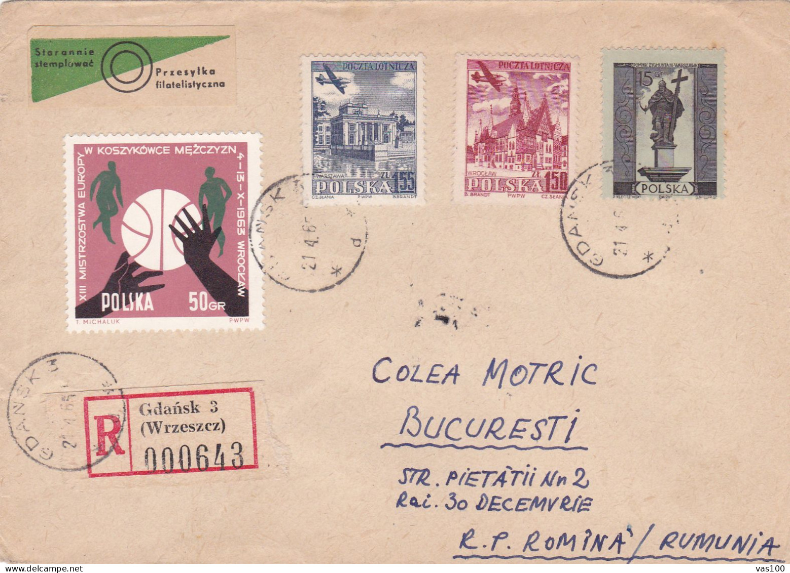 HISTORICAL DOCUMENTS  COVERS NICE FRANCHINK 1965  POLAND  TO ROMANIA - Cartas & Documentos