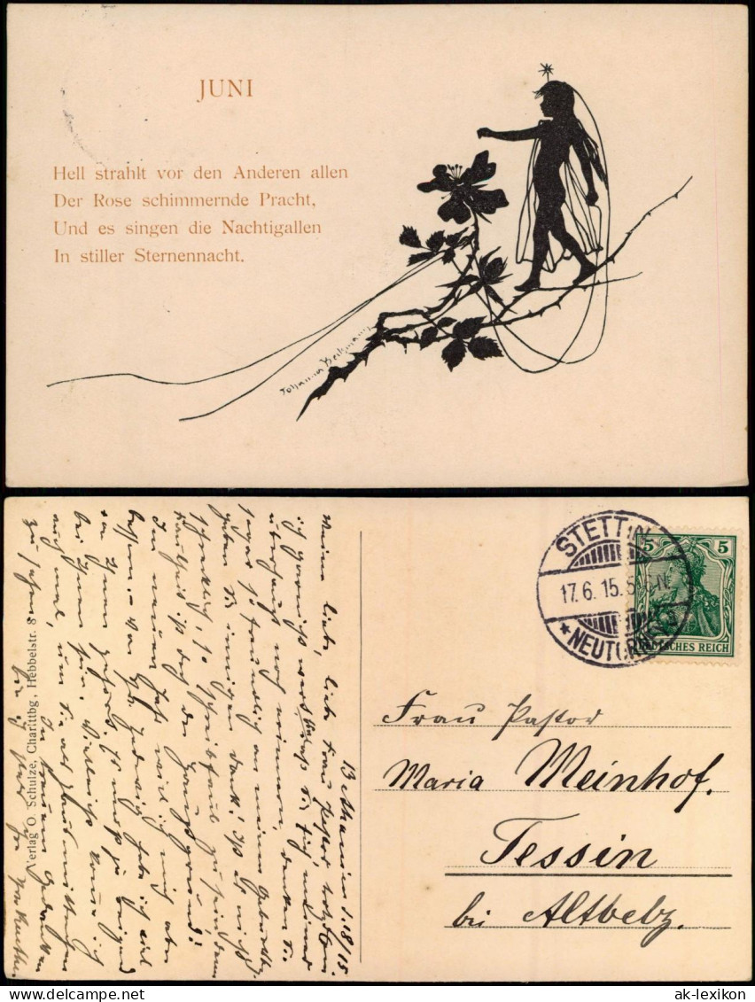 Ansichtskarte  Scherenschnitt Schattenschnitt Juni 1915  Gel. Stettin Neutorney - Scherenschnitt - Silhouette
