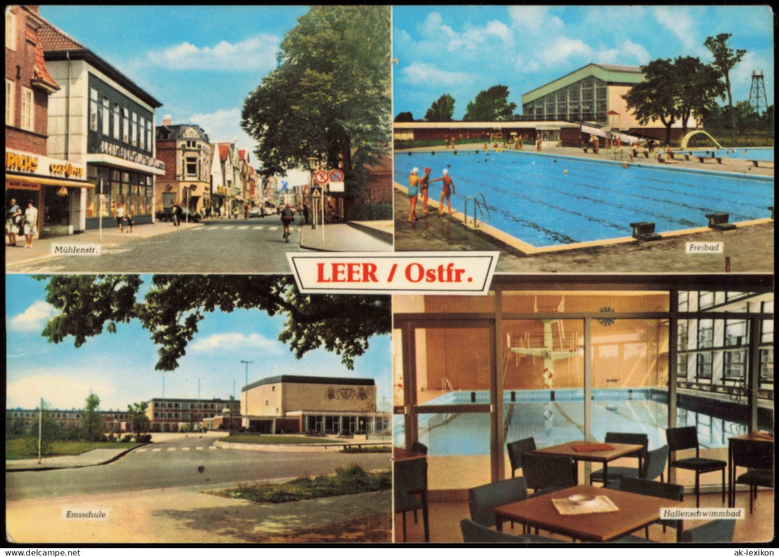 Leer (Ostfriesland) Mehrbild-AK Mit Schwimmbad, Mühlenstrasse, Ems-Schule 1974 - Leer