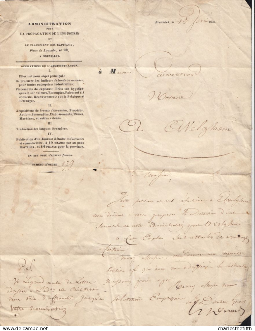 LAC Du 16 Février 1840 - Bruxelles Vers Notaire à Avelghem - Administration Pour La Propagation De L'industrie - 1830-1849 (Independent Belgium)