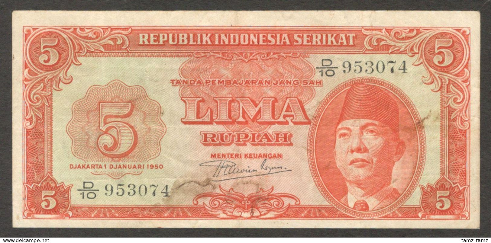 Republik Indonesia Serikat 5 Rupiah President Soekarno P-36 1950 VF - Indonésie