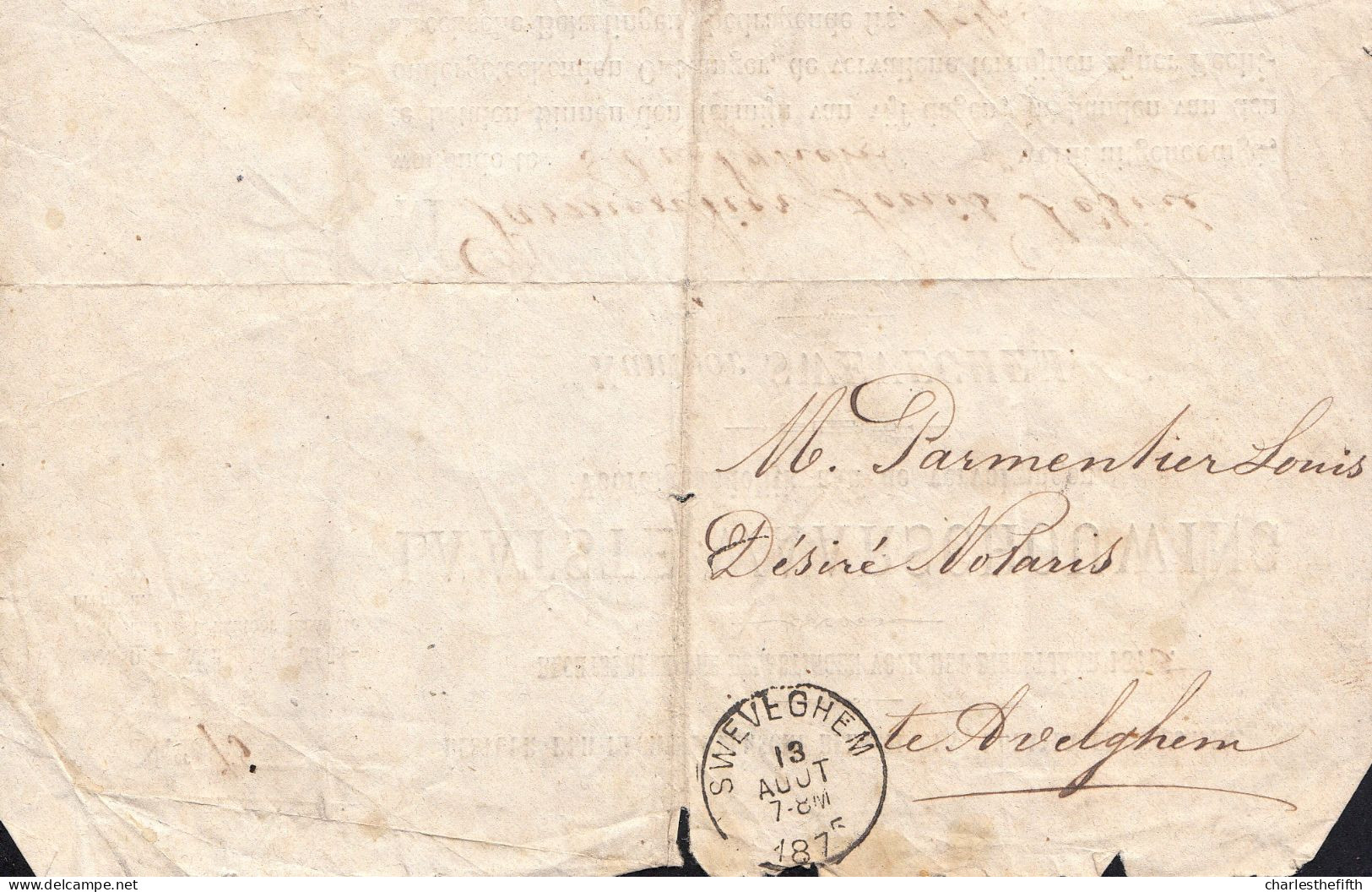 Lettre Du 13 Aout 1875  SWEVEGHEM ( Zwevegem )  Vers AVELGHEM - Belastingdienst ZWEVEGEM Waarschuwing - Other & Unclassified