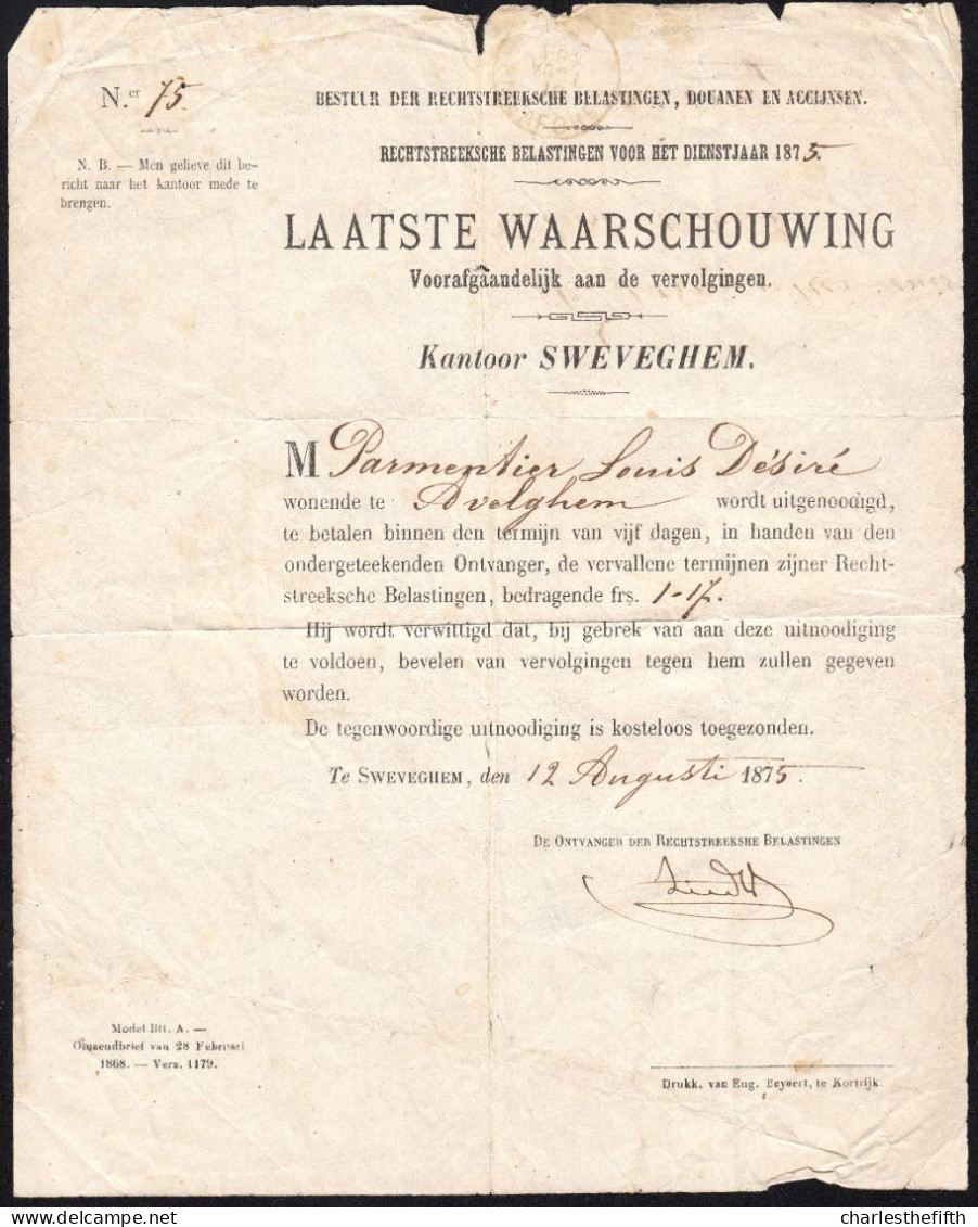 Lettre Du 13 Aout 1875  SWEVEGHEM ( Zwevegem )  Vers AVELGHEM - Belastingdienst ZWEVEGEM Waarschuwing - Other & Unclassified