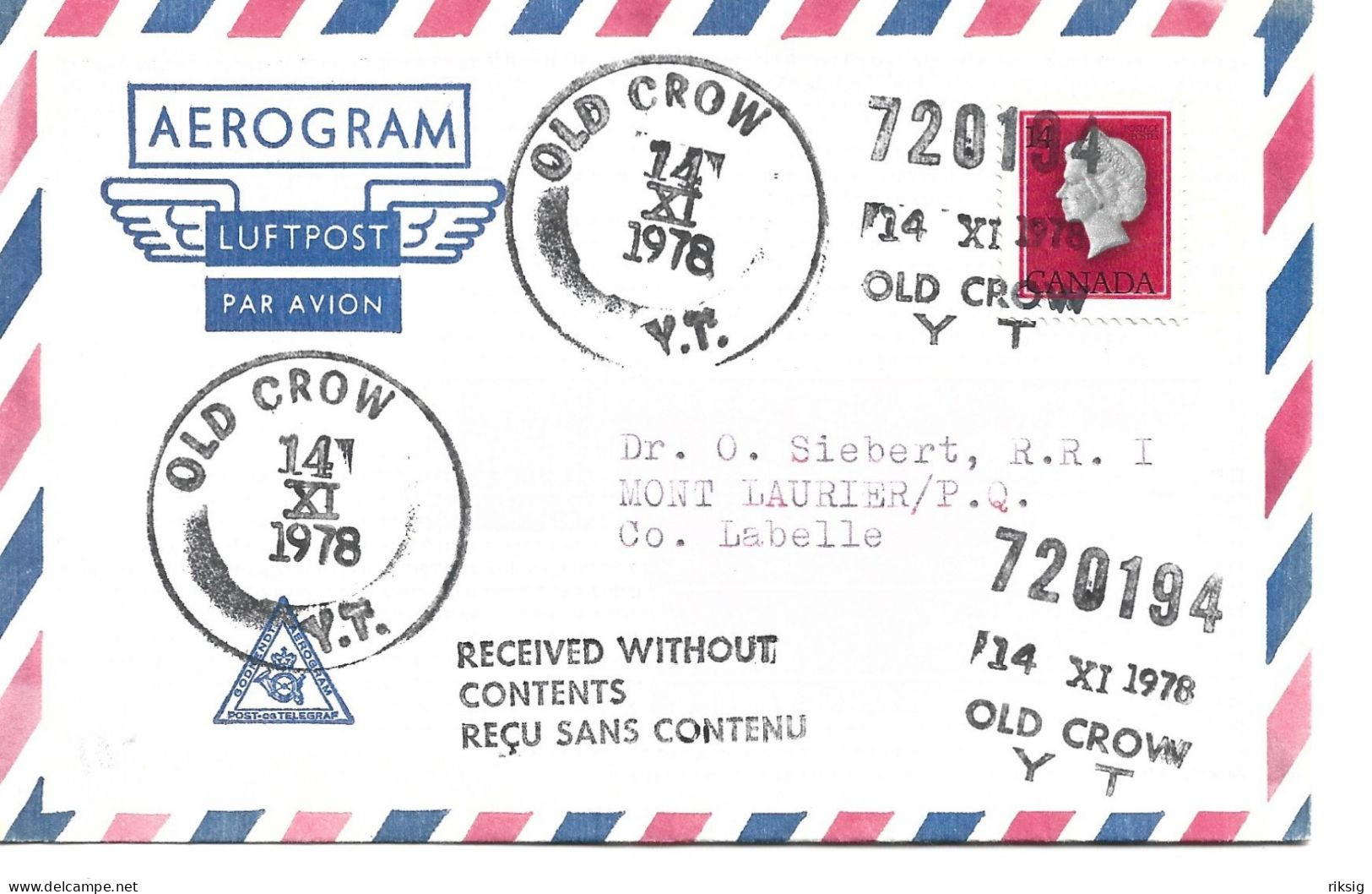 Canada Aerogram. Used : Old Crow 1978.  H-1259 - Luchtpost