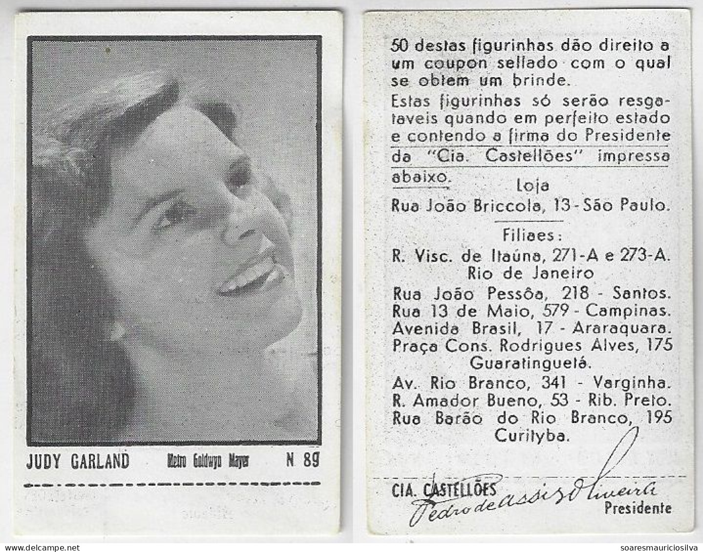Brazil 1930s Cigarette Castellões Card No. 89 Metro Goldwyn Mayer Actress Judy Garland Size 4,2x6,8 Cm Cinema Movie Art - Andere Merken