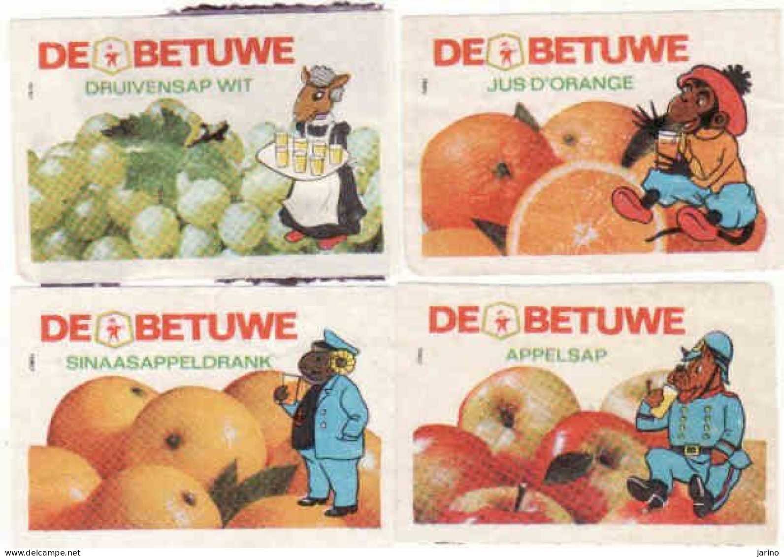 4 Dutch Matchbox Labels, De Betuwe, Orange, Appelsap, Sinnasappeldrank, Druivensap Wit, Fruit, Holland, Netherlands - Boites D'allumettes - Etiquettes