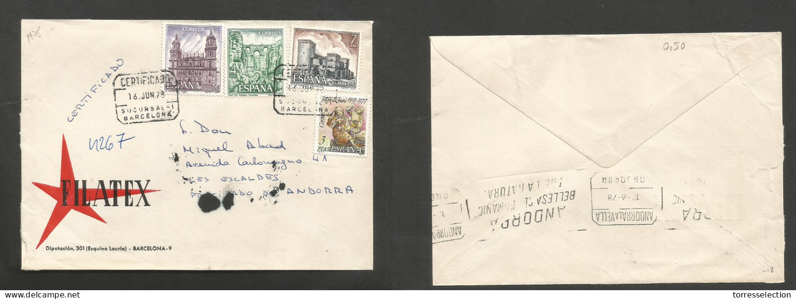 ANDORRA. 1978 (16 Junio) INCOMING MAIL. Barcelona Suc. 1 - ANDORRA, Les Escaldes (17 Junio) Sobre Franqueo Multiple Cert - Other & Unclassified