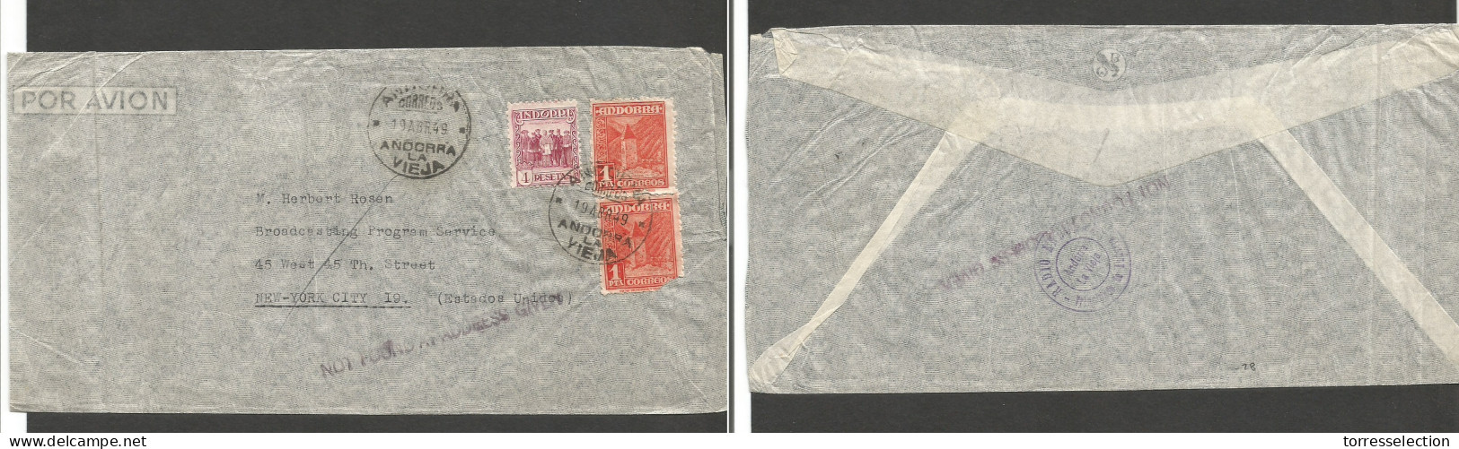 ANDORRA. 1949 (19 Apr) A La Vieja - USA, NYC. Sobre Franqueo Multiple Via Aerea Tarifa 6 Pts + Aux Cachet. Comercial Rad - Autres & Non Classés