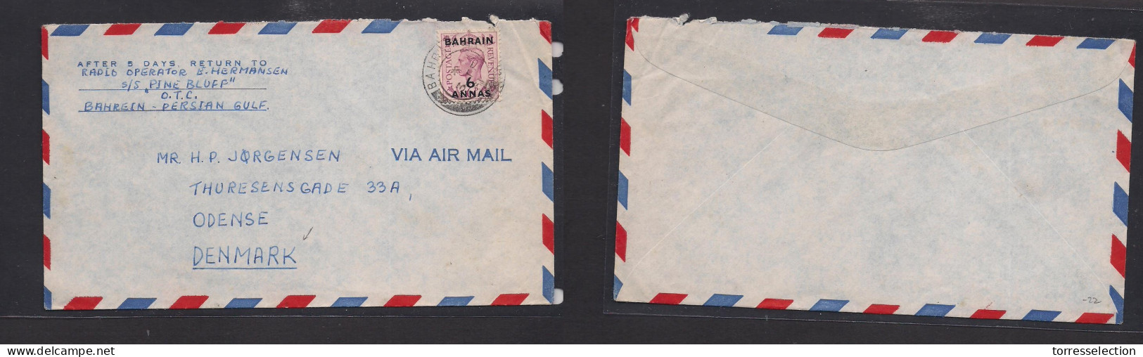 BAHRAIN. 1951 (3 Feb) GPO - Denmark, Odense. Air Fkd Ovptd Issue Envelope. Fine + Dest. - Bahrein (1965-...)