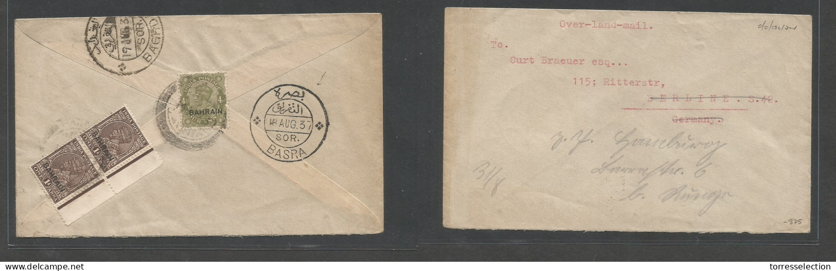 BAHRAIN. 1937 (14 Aug) GPO - Germany, Berlin. Reverse Multifkd India Ovptd Issue Via Basra - Baghdad. VF. Showing Cds Tr - Bahrain (1965-...)