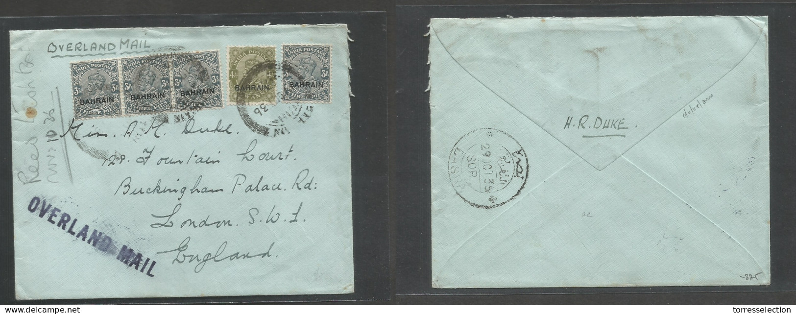 BAHRAIN. 1936 (19 Oct) GPO - England, London. Overland Mail Cachet. Multifkd Ovptd India Issue At 16 Annas Rate. Reverse - Bahreïn (1965-...)