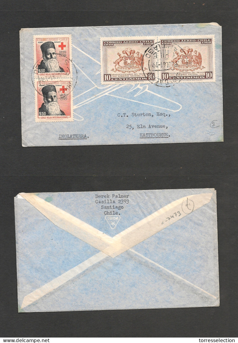 CHILE. Chile - Cover -1961 2 July Stgo To Ct Sturton Eastbourne UK Air Mult Fkd Env Sent By Famous Collector Derek Palme - Cile