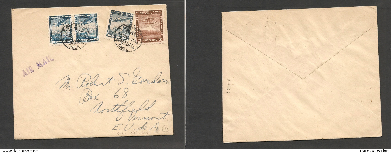 CHILE. Chile - Cover - 1948 Antofagasta To USA Northfield Vermont Air Mult Fkd Env At $4 Rate, Fine. Ex-Prof West UK Air - Cile