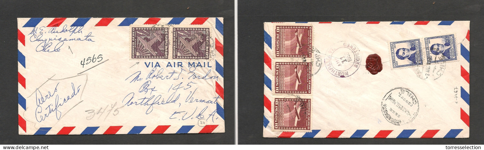 CHILE. Chile - Cover - 1956 4 Ago Antofagasta To USA Northfield Vermont Air $136 Rate Incl 2x50 Pesos Stamps On Very Lat - Cile