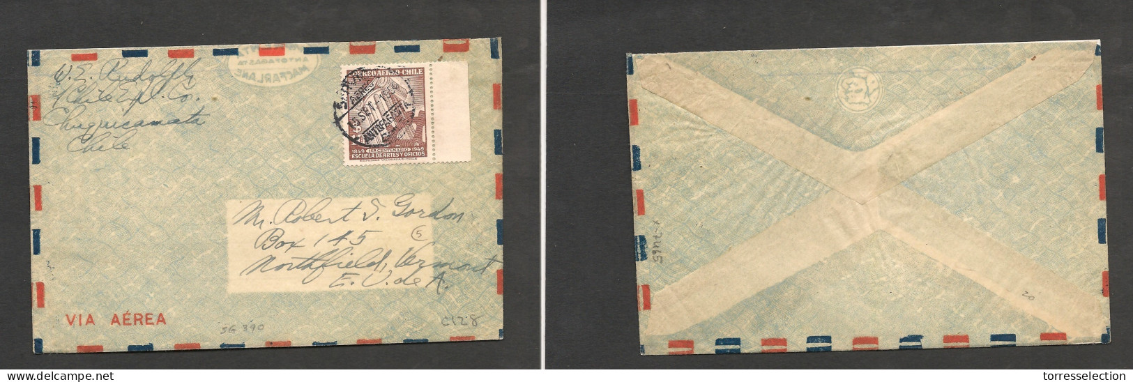 CHILE. Chile - Cover - 1950 15 Seppt Antofagasta To USA Northfield Vermont Single $10 Fkd Env Air Rate, Fine. Ex-Prof We - Cile