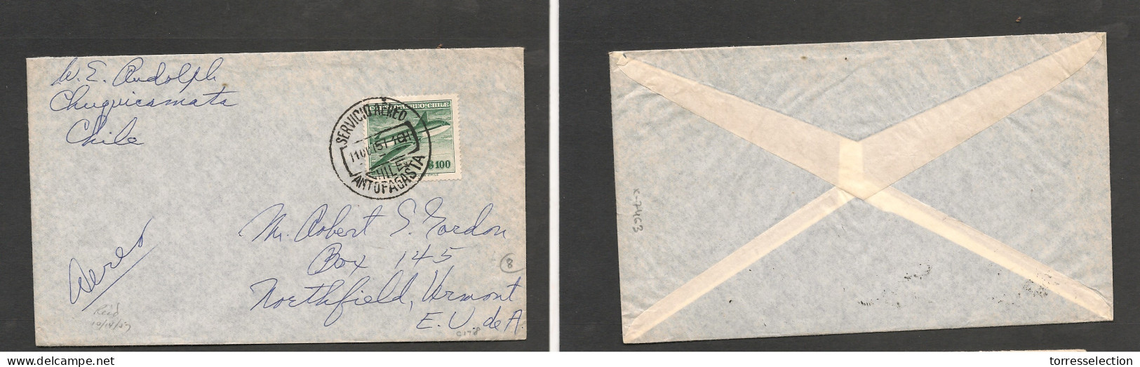 CHILE. Chile - Cover - 1957 11  Oct Antofagasta To USA Northfoield Vermont Air Single Fkd Env At $100 Rate XF. Ex-Prof W - Cile