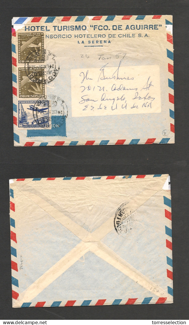 CHILE. Chile - Cover - 1957 24 Ene La Serena To San Angelo Tx, USA Air Mult Fkd Env Mixed Currencies And Rates At $43. H - Cile