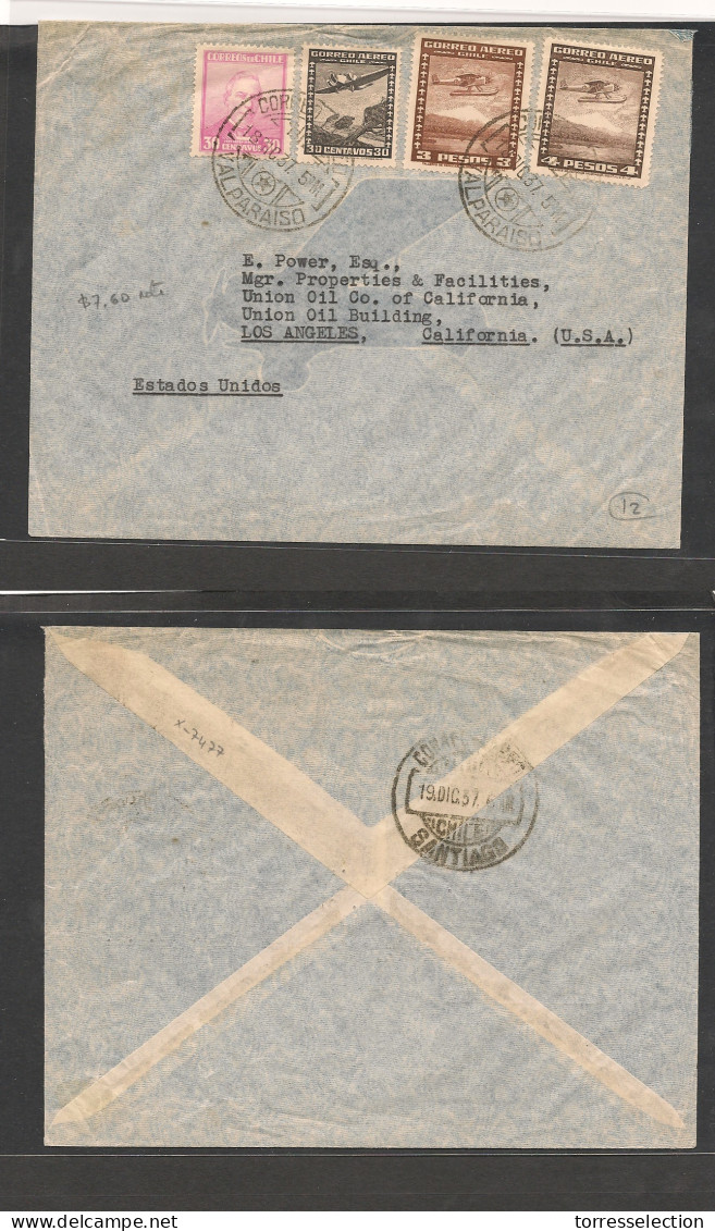 CHILE. Chile - Cover 1937 18 Dic Valp To USA LA Calif Mult Fkd Env Air Rate $7.60.  Fine. Ex Prof West Airmails Collecti - Cile
