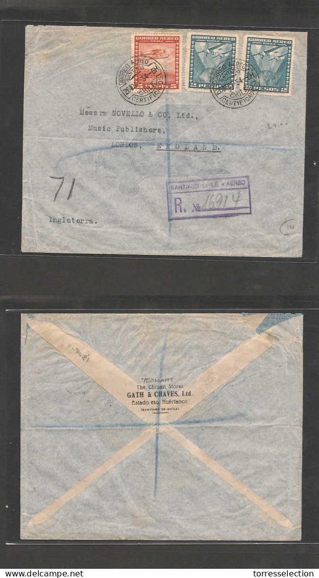 CHILE. Chile - Cover 1934 26 Oct Stgo To London UK Registr Air Mult Fkd Env $9 Peso Rate, VF.  Ex Prof West Airmails Col - Cile