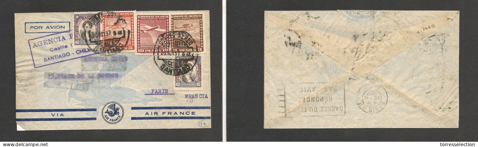 CHILE. Chile - Cover - 1937 20 Nov Stgo To France Paris Air Mult Fkd Env Via Air France Printed Env Rate 18.80$.  $Ex-Pr - Cile